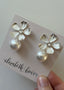 Silver hand painted flower and pearl earring on ear card
