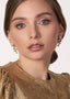 Golden Swarovski crystal and pearl left right earring on model front view
