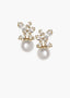 A pair of gold crystal topped and pearl bridal earrings on a white background 