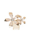 A hair comb made of metal flowers with crystal accents, available in silver or gold plate finish.