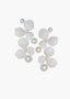 A pair of silver white floral earrings with pearls accents set on a white background