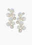 a Pair of gold white floral earrings with pearl centers on a white background