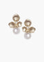Gold floral earrings with pearl centers on a white background