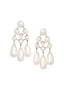 Silver Pearl statement earrings with 3 tear drop pearl drops on white background