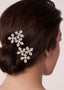 Close-up of a person's hair with decorative snowflake hairpins on a neutral background